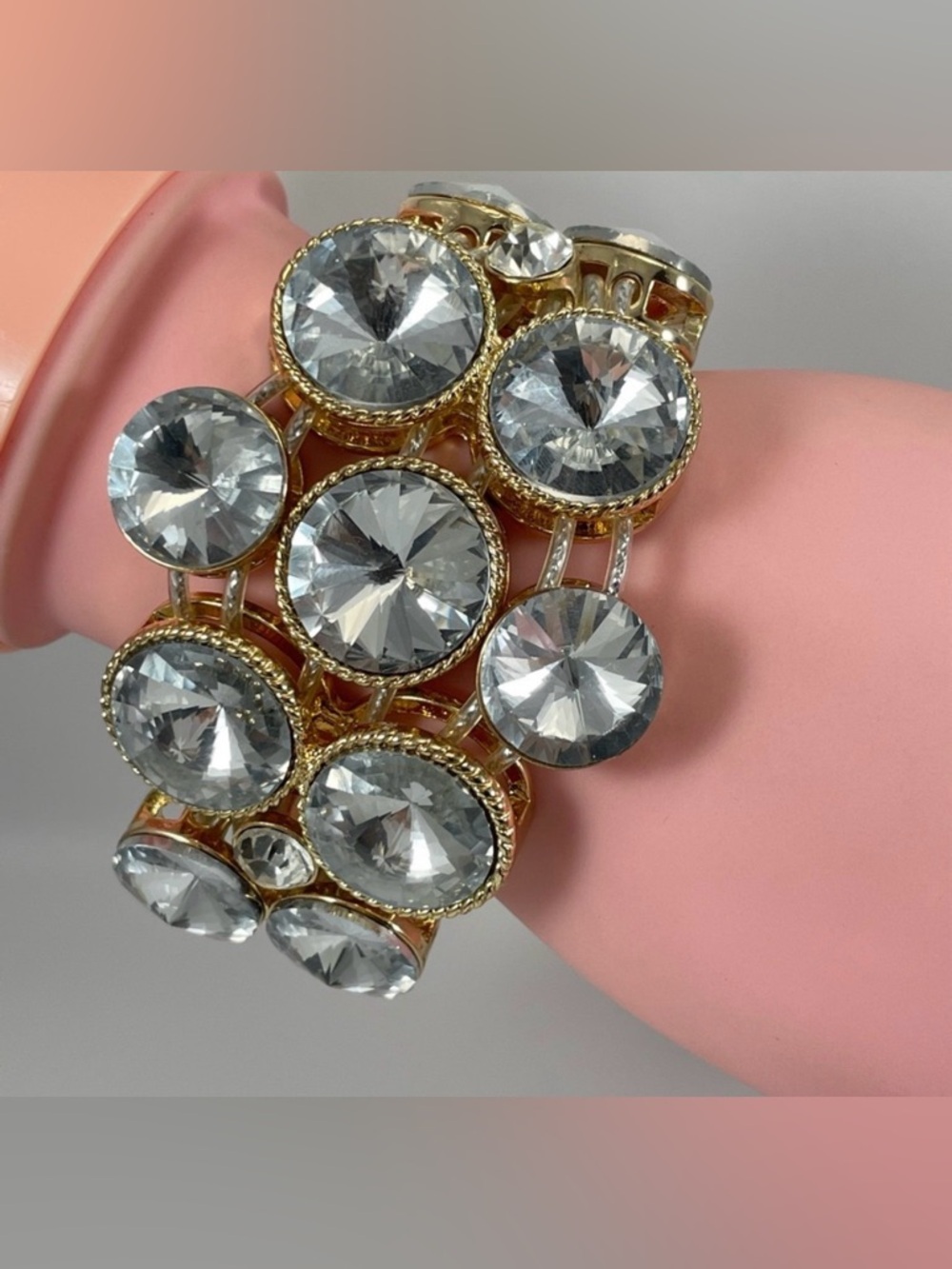 Gold Tone White Glass Rhinestones Statement Boho Bold Bracelet Chunky Stunning